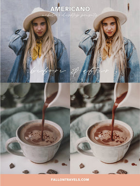 5 Mobile & Desktop Lightroom Presets AMERICANO, Coffee Photo Filter for Instagram Blogger, Travel Lifestyle Preset for Influencers