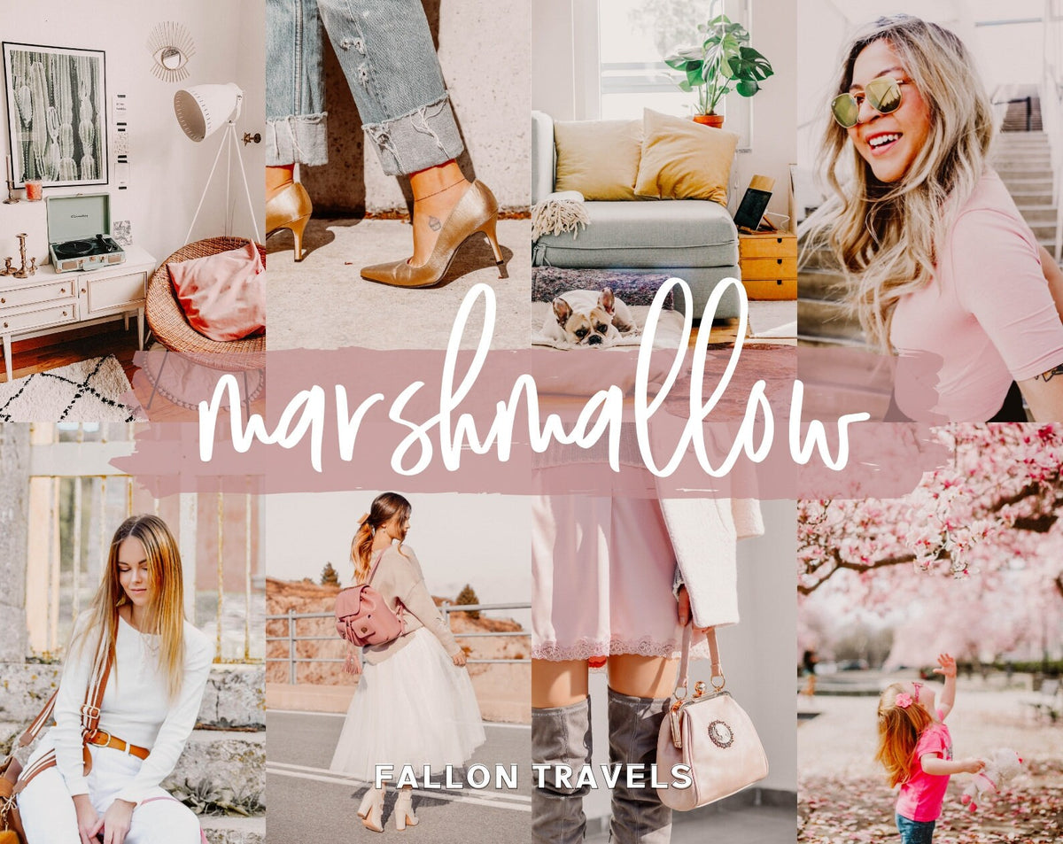 5 Marshmallow Lightroom Mobile & Desktop Presets, Light Airy Photo Editing Filter for Instagram, Pink Travel Blogger Influencer Presets