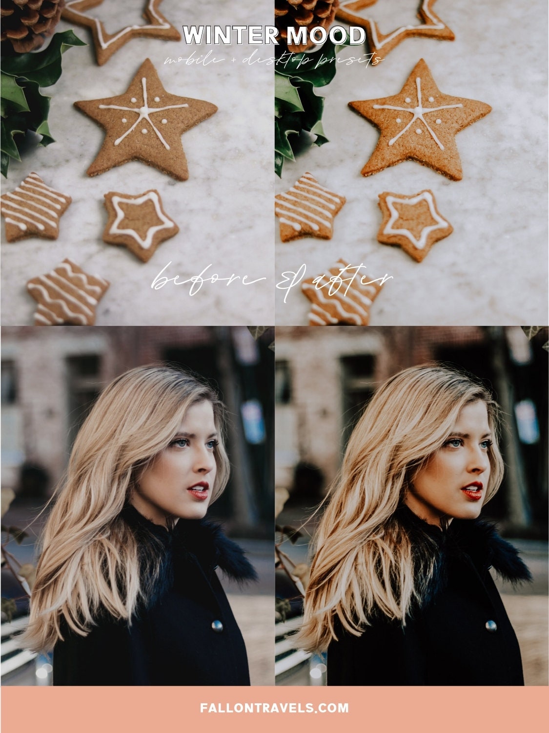 5 Winter Mood Lightroom Mobile & Desktop Presets, Christmas Photo Editing, Clean Moody Tones Holiday Filter for Instagram Bloggers
