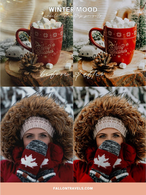 5 Winter Mood Lightroom Mobile & Desktop Presets, Christmas Photo Editing, Clean Moody Tones Holiday Filter for Instagram Bloggers