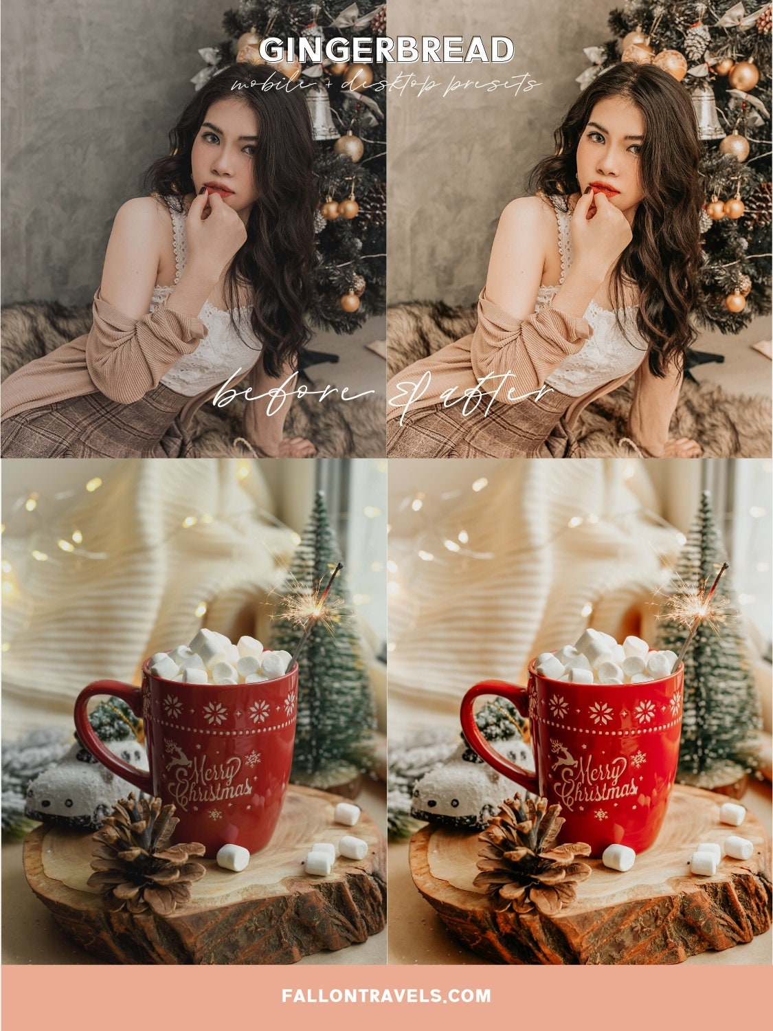 5 Gingerbread Lightroom Mobile & Desktop Presets, Warm Beige Photo Editing Filter for Instagram, Clean Tones Christmas Holiday Preset