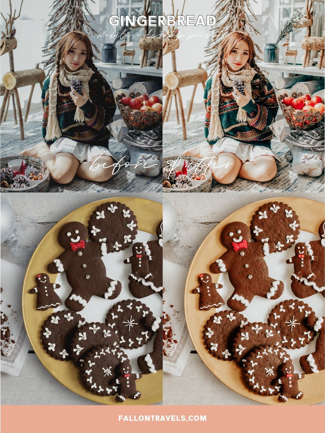 5 Gingerbread Lightroom Mobile & Desktop Presets, Warm Beige Photo Editing Filter for Instagram, Clean Tones Christmas Holiday Preset
