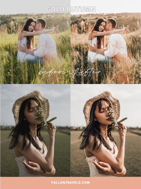 5 Gold Autumn Mobile & Desktop Lightroom Presets, Warm Glow Filter for Fall Instagram Photo, Light Golden Tones Outdoor Preset