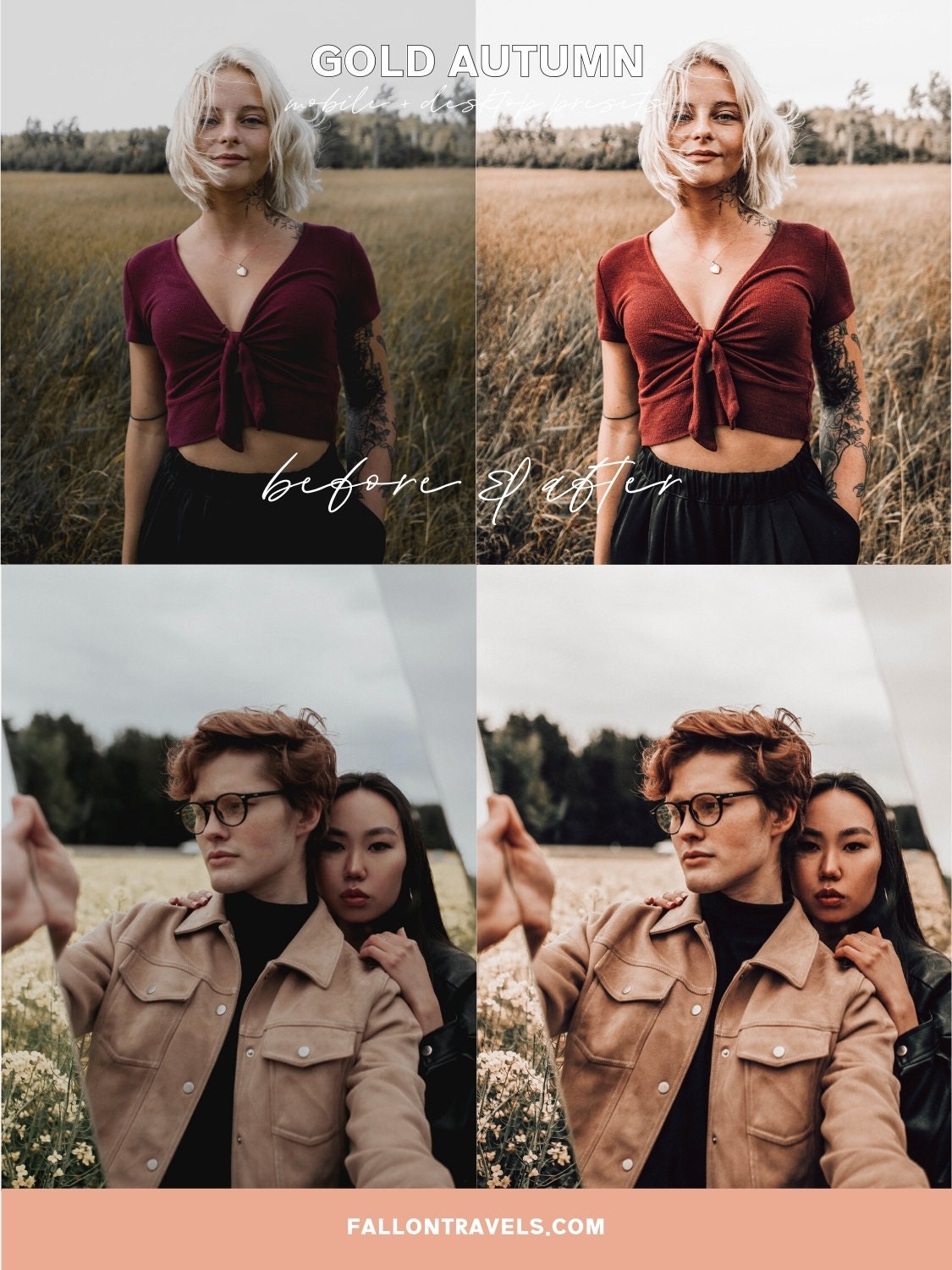 5 Gold Autumn Mobile & Desktop Lightroom Presets, Warm Glow Filter for Fall Instagram Photo, Light Golden Tones Outdoor Preset
