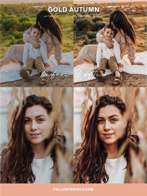 5 Gold Autumn Mobile & Desktop Lightroom Presets, Warm Glow Filter for Fall Instagram Photo, Light Golden Tones Outdoor Preset