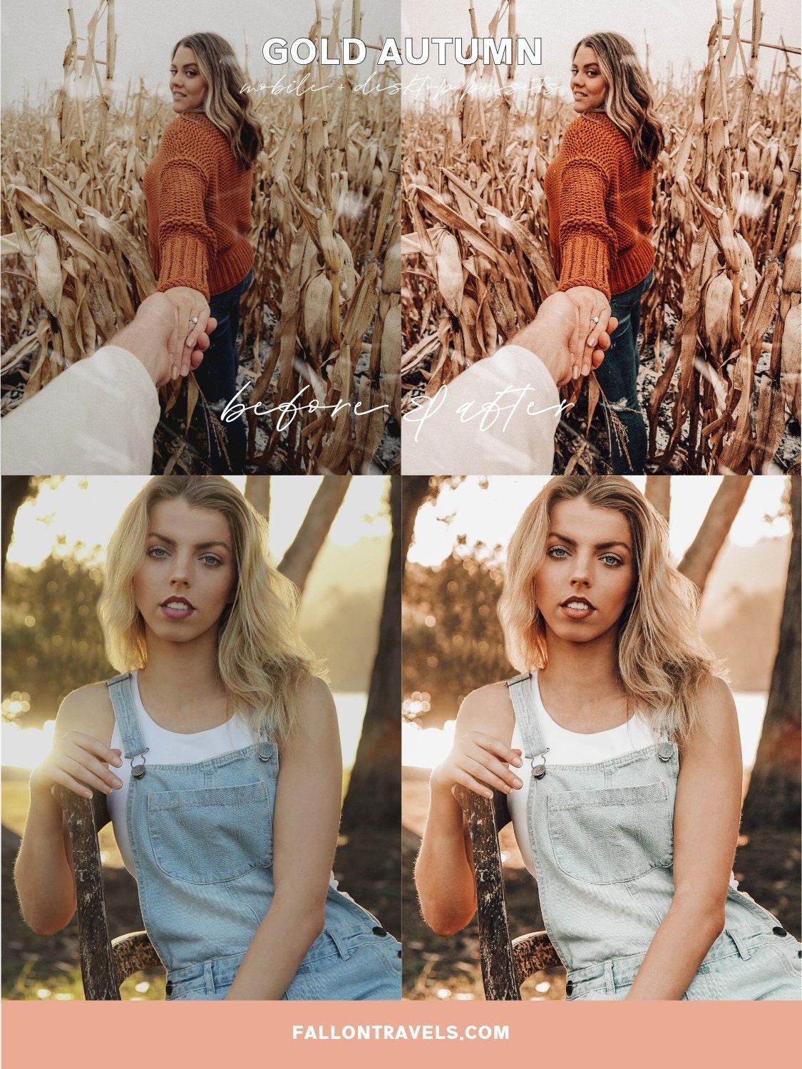 5 Gold Autumn Mobile & Desktop Lightroom Presets, Warm Glow Filter for Fall Instagram Photo, Light Golden Tones Outdoor Preset