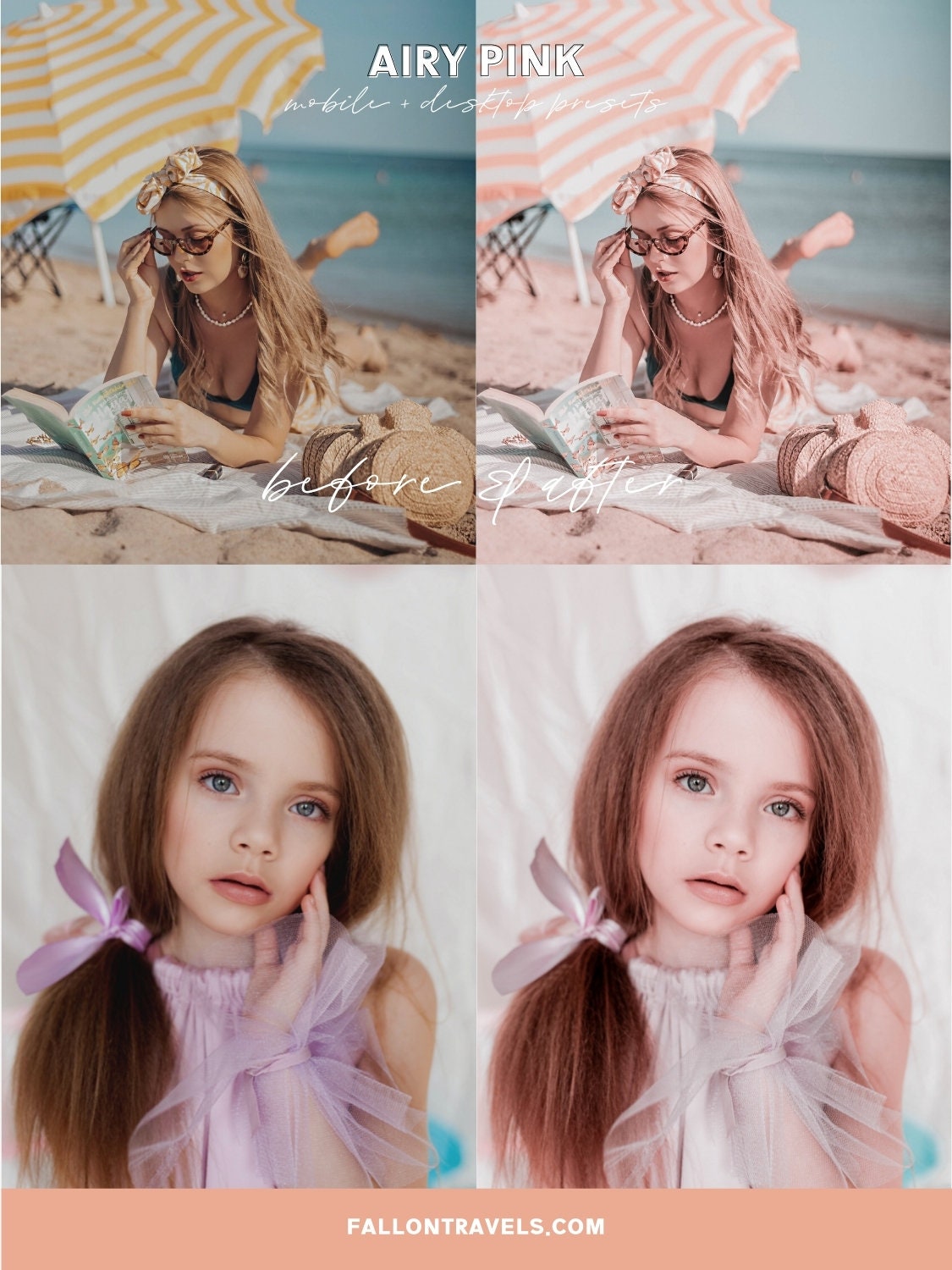 5 Airy Pink Lightroom Mobile & Desktop Presets, Warm Blush Tone Photo Editing Filter for Instagram Influencer, Outdoor Bright Blogger Preset