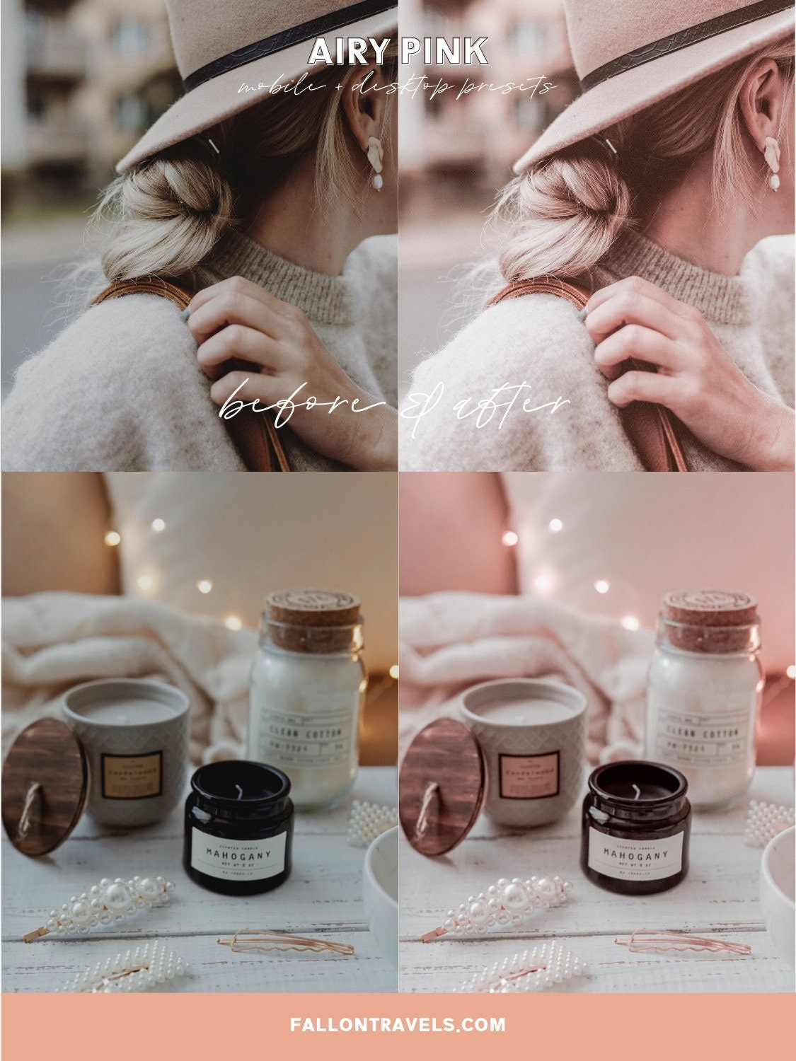 5 Airy Pink Lightroom Mobile & Desktop Presets, Warm Blush Tone Photo Editing Filter for Instagram Influencer, Outdoor Bright Blogger Preset