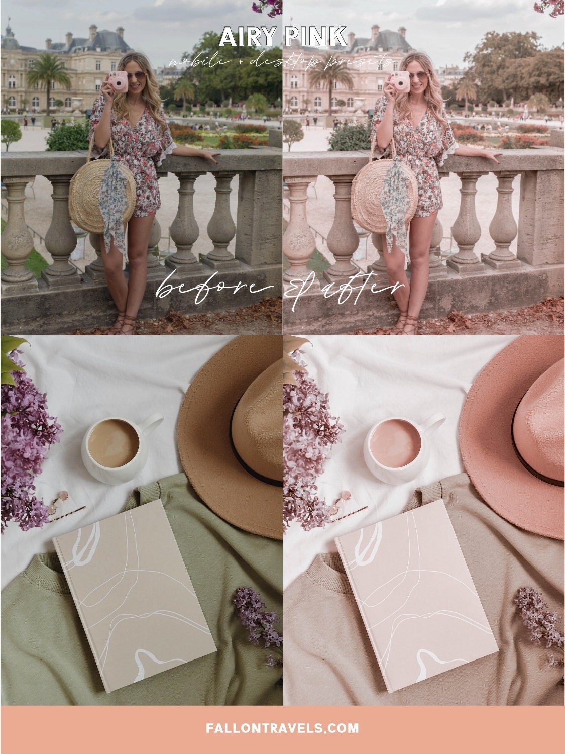 5 Airy Pink Lightroom Mobile & Desktop Presets, Warm Blush Tone Photo Editing Filter for Instagram Influencer, Outdoor Bright Blogger Preset
