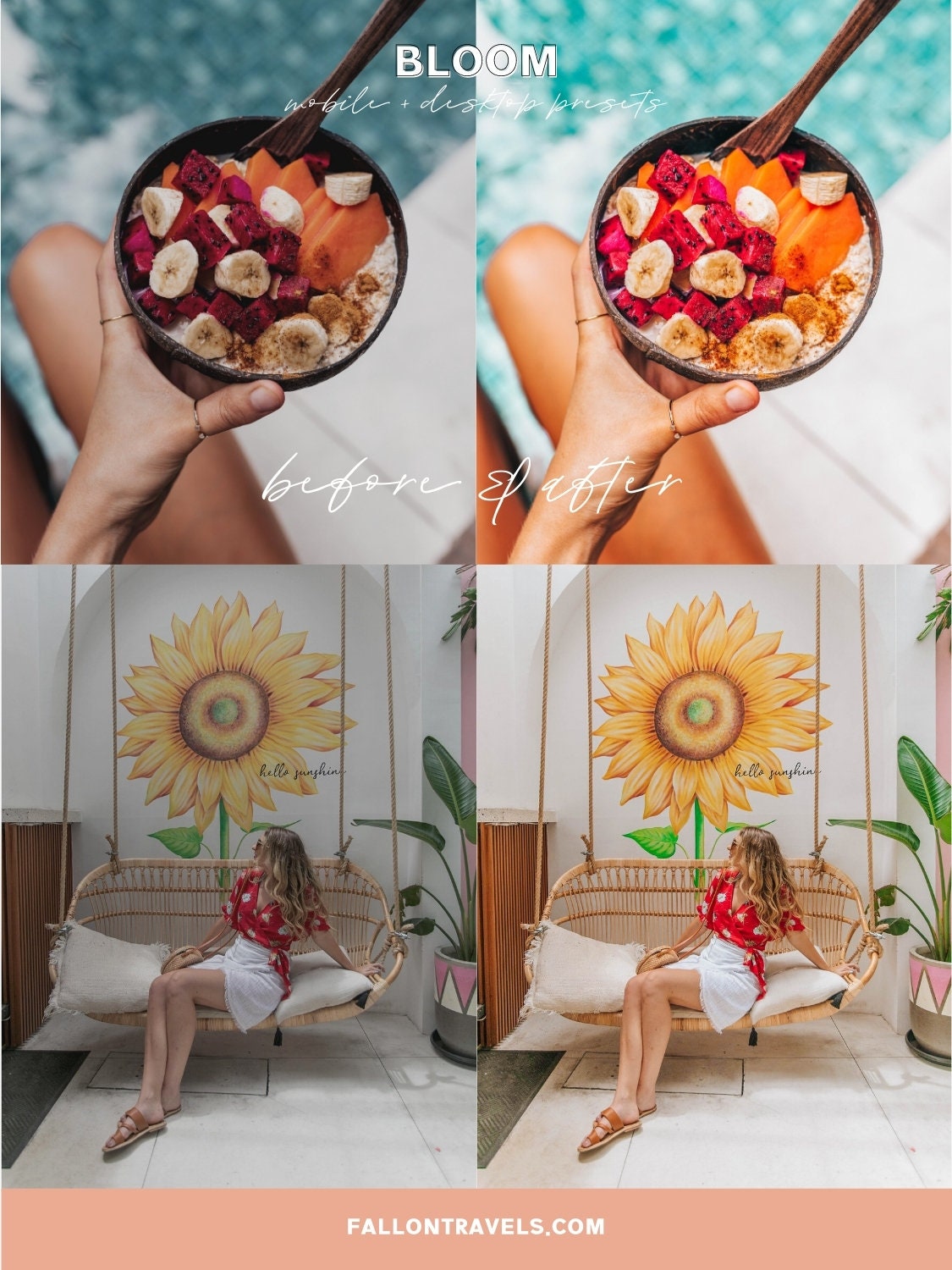 5 Bloom Lightroom Mobile & Desktop Presets, Warm Color Photo Editing Filter for Instagram Bloggers, Bright Summer Travel Influencer Preset