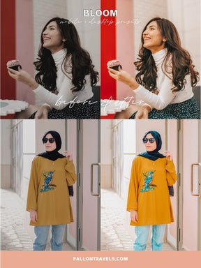 5 Bloom Lightroom Mobile & Desktop Presets, Warm Color Photo Editing Filter for Instagram Bloggers, Bright Summer Travel Influencer Preset