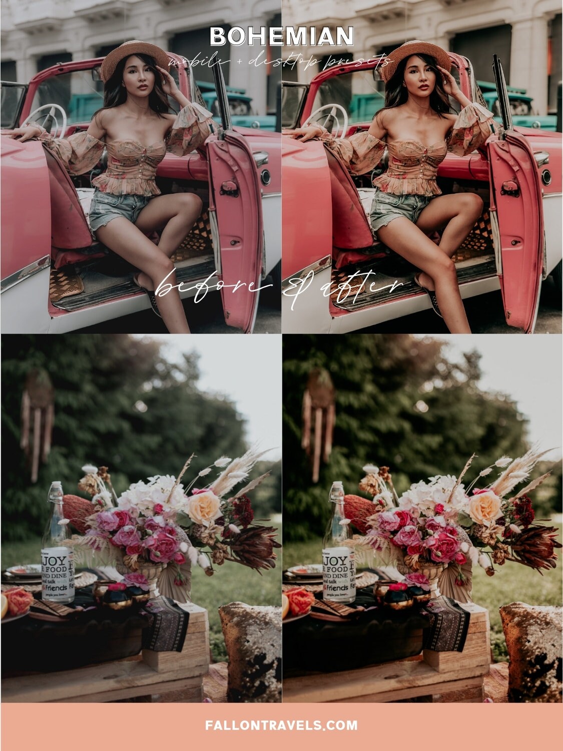 5 Bohemian Lightroom Mobile & Desktop Presets, Rich Moody Tones Pink Photo Filter for Instagram, Rustic Boho Vintage Blogger Preset