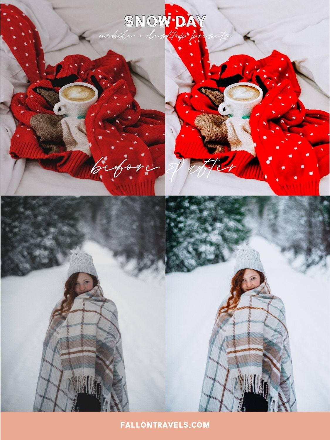 5 Snow Day Lightroom Mobile & Desktop Presets, Bright White Winter Photo Editing, Cool Clean Tones Instagram Filter for Holiday Season