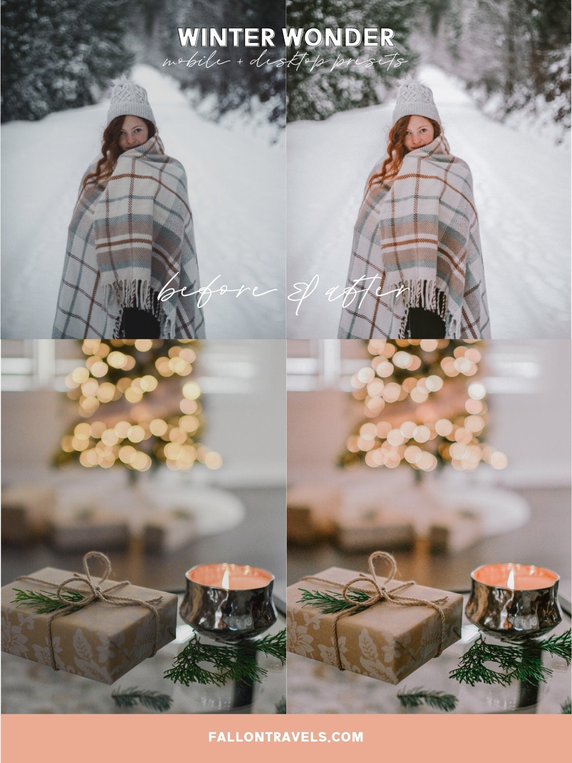 5 Winter Wonder Lightroom Mobile & Desktop Presets, Christmas Pink Tones Instagram Photo Editing, Bright White Snow Holiday Filter