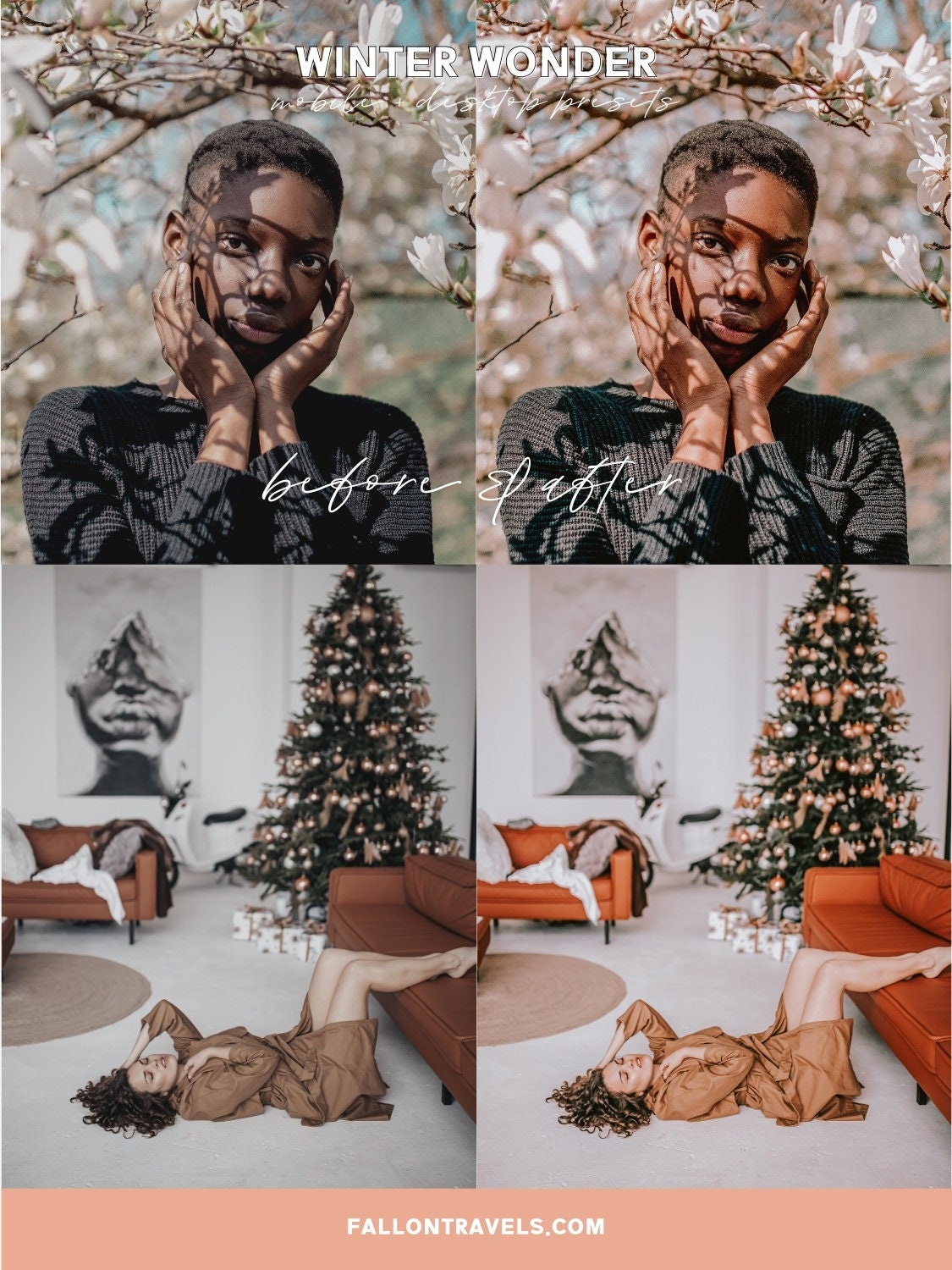 5 Winter Wonder Lightroom Mobile & Desktop Presets, Christmas Pink Tones Instagram Photo Editing, Bright White Snow Holiday Filter