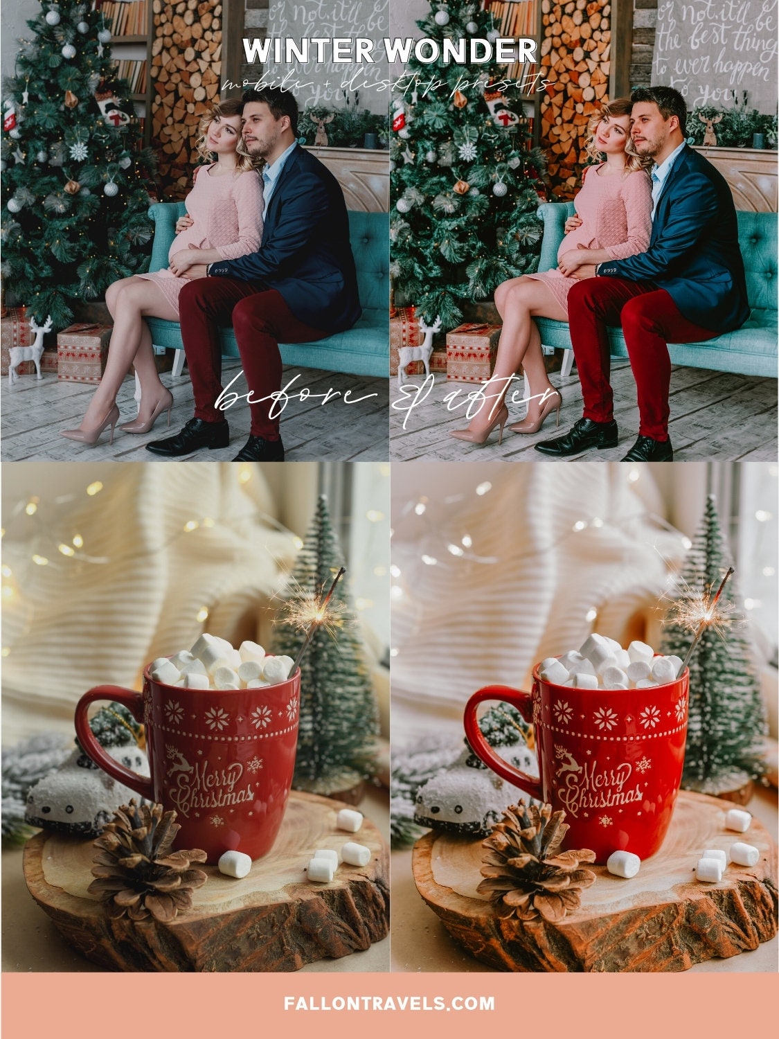 5 Winter Wonder Lightroom Mobile & Desktop Presets, Christmas Pink Tones Instagram Photo Editing, Bright White Snow Holiday Filter