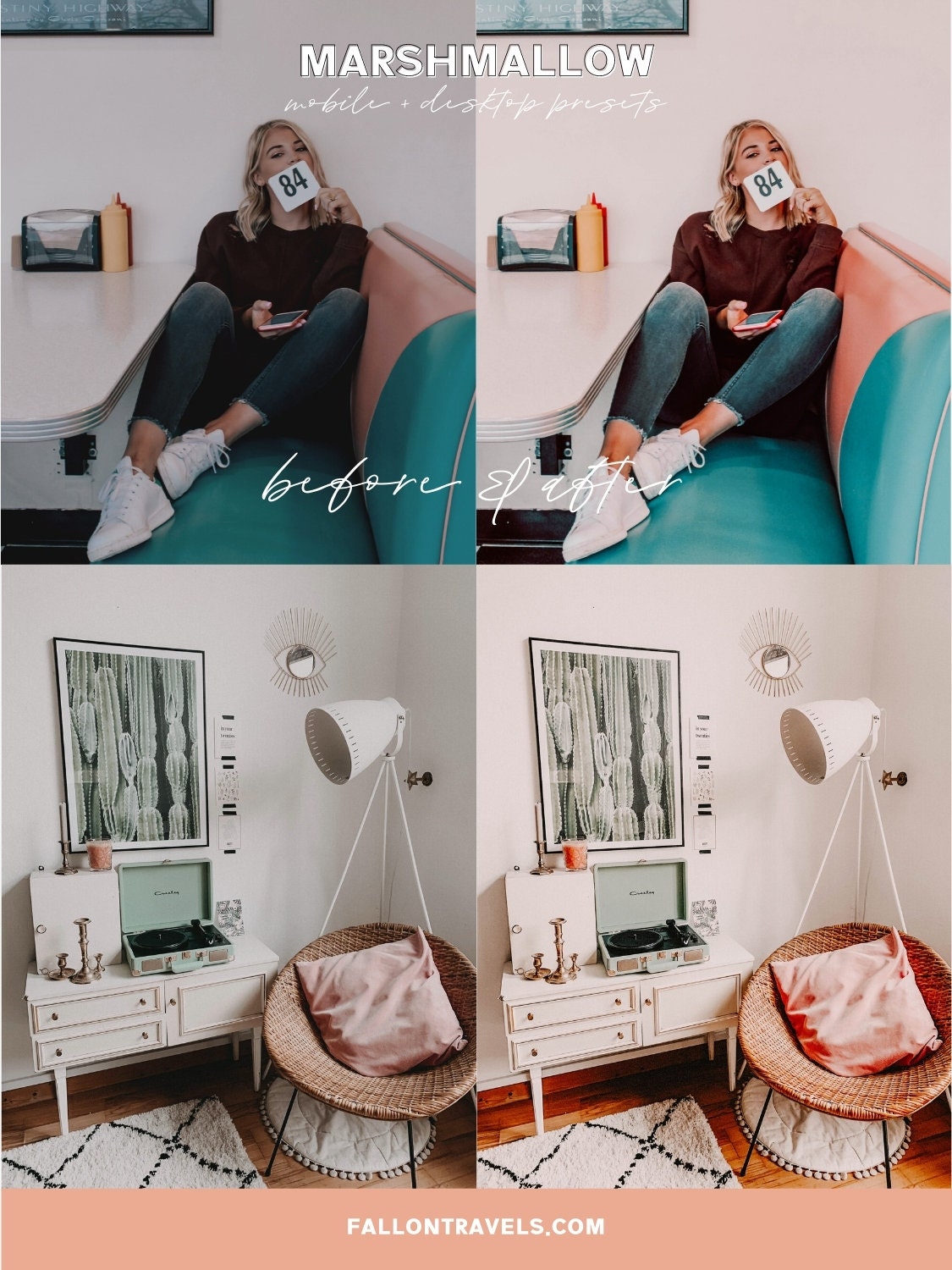 5 Marshmallow Lightroom Mobile & Desktop Presets, Light Airy Photo Editing Filter for Instagram, Pink Travel Blogger Influencer Presets