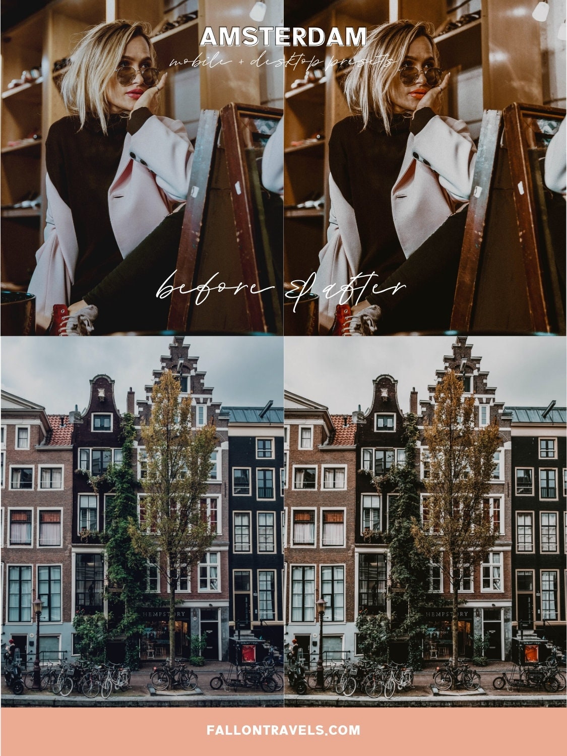 5 Amsterdam Lightroom Mobile & Desktop Presets, Moody Travel Photo Editing Filter for Instagram, Dark Warm Vintage Preset for Bloggers