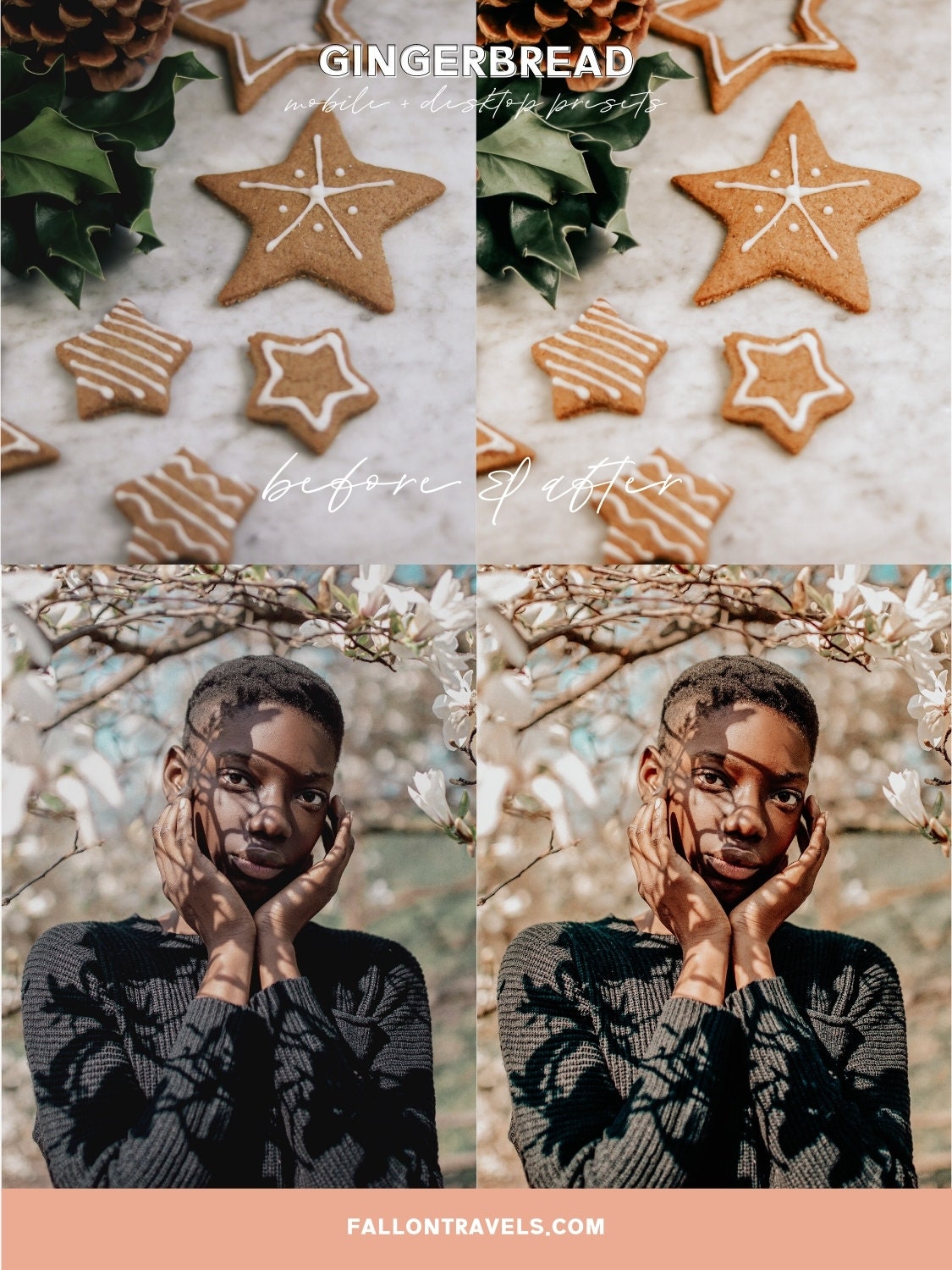 5 Gingerbread Lightroom Mobile & Desktop Presets, Warm Beige Photo Editing Filter for Instagram, Clean Tones Christmas Holiday Preset