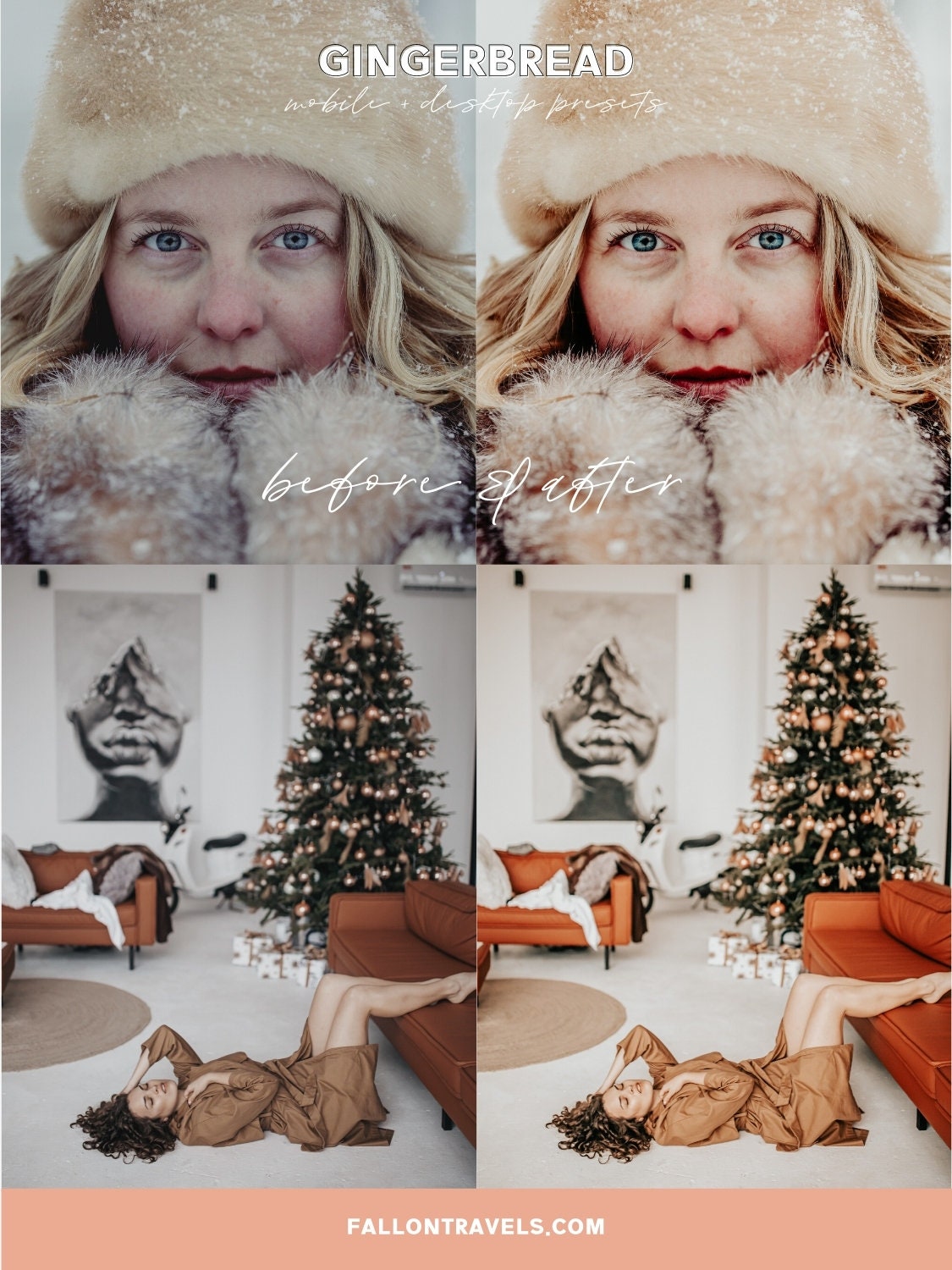 5 Gingerbread Lightroom Mobile & Desktop Presets, Warm Beige Photo Editing Filter for Instagram, Clean Tones Christmas Holiday Preset