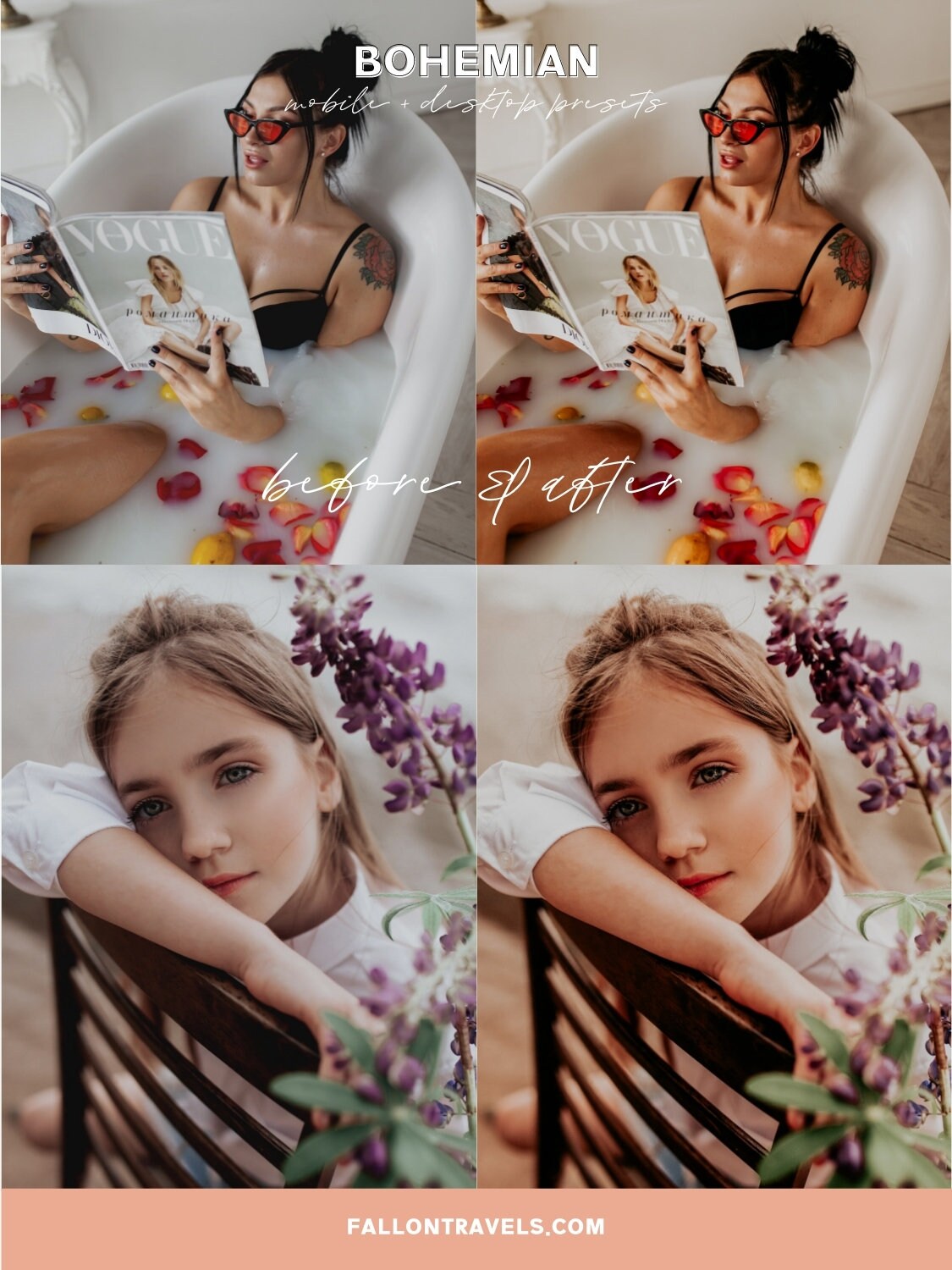 5 Bohemian Lightroom Mobile & Desktop Presets, Rich Moody Tones Pink Photo Filter for Instagram, Rustic Boho Vintage Blogger Preset