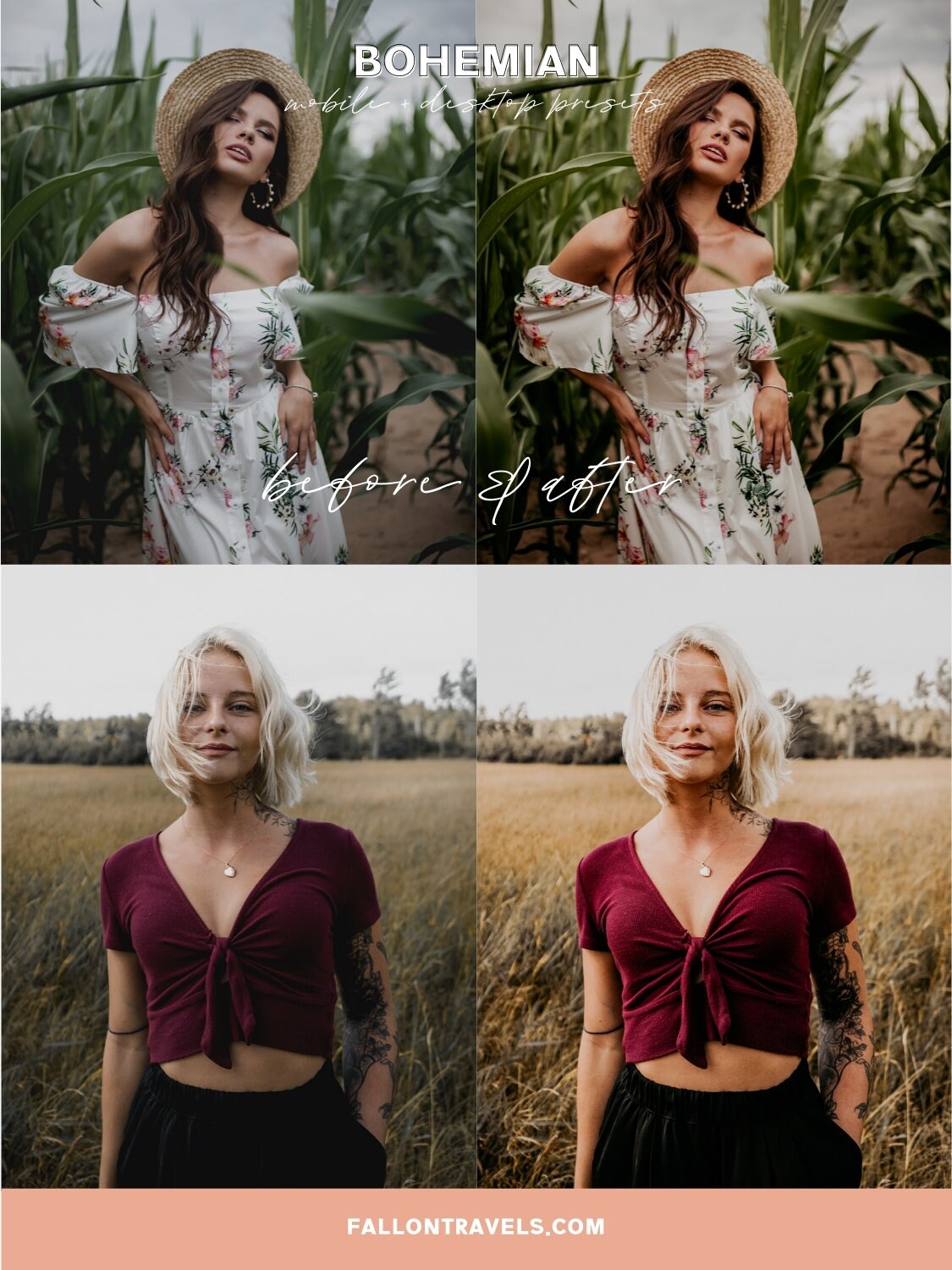 5 Bohemian Lightroom Mobile & Desktop Presets, Rich Moody Tones Pink Photo Filter for Instagram, Rustic Boho Vintage Blogger Preset